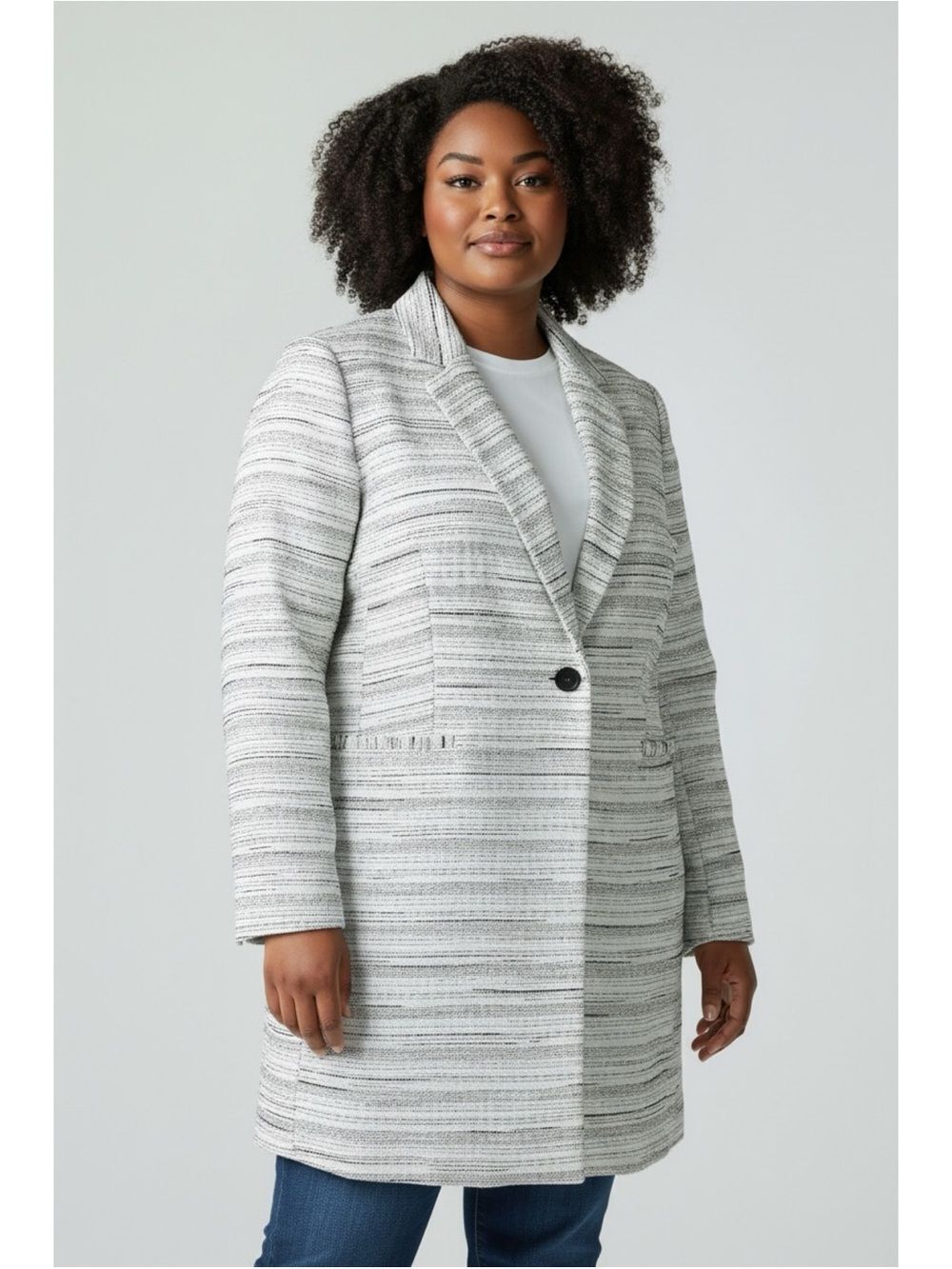 DKNY‎ Womens Blazer Jacket Size 16W White Black Tweed One Button Career Plus